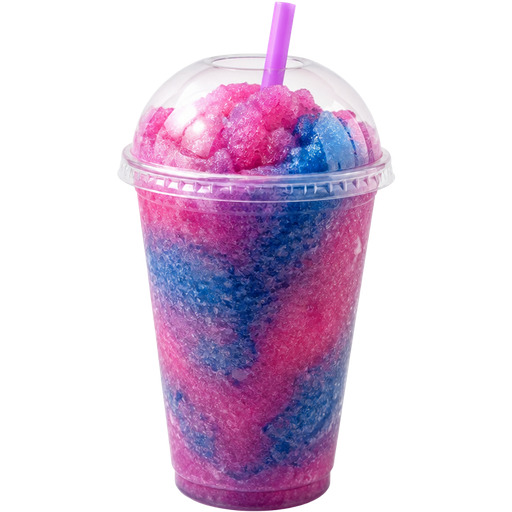Grape Berry Shaved Ice Slushie in a Plastic Cup and Plastic Dome Lid with a Straw Mixed in with Extra Syrup and it’s Mixed in with Pink with Blue