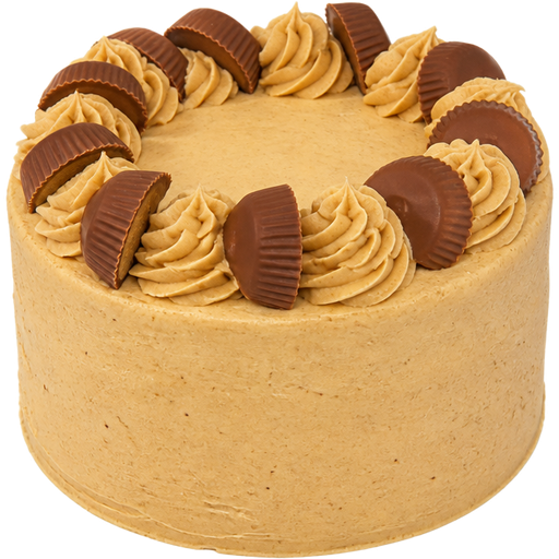Whole PB Chocolate Cake with Peanut Butter Buttercream Frosting on the Outside and Dollops on Top along with Peanut Butter Cups going around it on Top