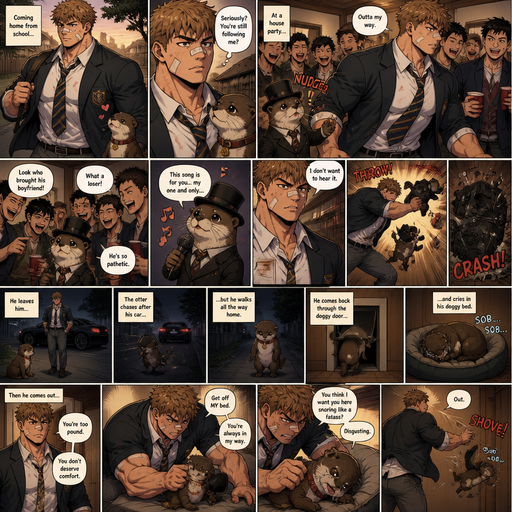 A Lifelike and Detailed Anime Comic book story about of a Bulky and Beefy and every Muscle is bigger than average and less shredded or muscular with Chunky and Bulky chest and Biceps and his defined abs ANIME Cute Bara Man American 20 year old with a ROUND and BASIC facial structure and Young Adult BARA CUTE that is Peach Toned skin not anything else MALE not to detailed With bigger than average Pecs that are visible through the shirt and Biceps but slim and Athletic Lower body that makes have a V-Tapper Lower Body and a big Bandaid on his nose and Left Cheek and Right Eye brow with Scars all over his Chest and arms. Wearing a no piercings Wearing a baggy School Uniform and tie with Blazar and Pants and yellowish Brown Hair and Bright Light Brown fluffy Hair and Strait with brown eyes and black eyebrows with a Three finger Slash on his Eyebrow. With no Facial Hair. Coming home from School with his Pet Otter that has a Collar and has a Huge Crush on him but he doesn’t like the otter back, at a House party they the otter is dressed in a suit and top hat. And hey nudges the otter out of the way to get to the front door and when they get in they all bully the otter. And the otter want to sing karaoke love song for him but he doesn’t like it and the otter is thrown at the speakers and then the speakers fall and he leaves the otter. And the Otter chases after his car but then he walks all the way home. And then comes back home through the doggy door and the otter cries in his doggy bed and he comes out and Excessively Bullies him for being to pound when he tries to sleep