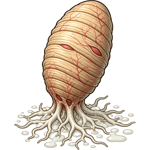 A fibrous, ribbed beige cocoon tiny red veins and tiny muscular tissue The structure anchors itself via a network of white roots and organic fluids.