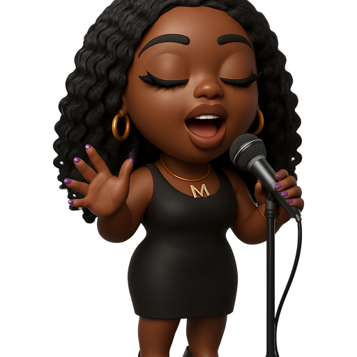 Black woman chocolate with long curly black hair with long full fluffy eyelashes with black top and bottom eyeliner wearing earrings and a gold letter m necklace with three gold rings and purple painted nails with coke bottle shape wearing a dress and heels singing on stage with a stand up microphone