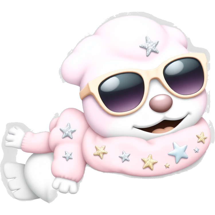 A cute pastel Spheal wearing a fluffy cloud-patterned scarf, rolling playfully towards a whimsical pastel Wailmer adorned with glittery starfish stickers. Both sport adorable oversized pastel sunglasses and are surrounded by dreamy cotton candy clouds and shimmering bubbles in soft pinks, blues, and yellows.