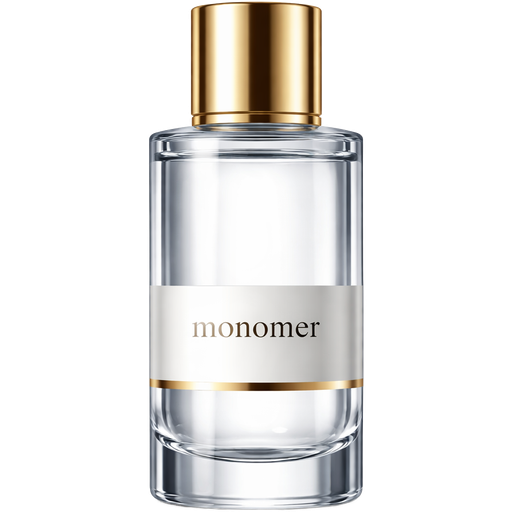 Luxury monomer bottle, clear glass container with transparent liquid inside, sleek modern design with polished metallic gold cap and accents, minimal high-end label that reads “monomer” in elegant typography, soft reflections and glossy highlights, ultra realistic texture, high-end nail technician product