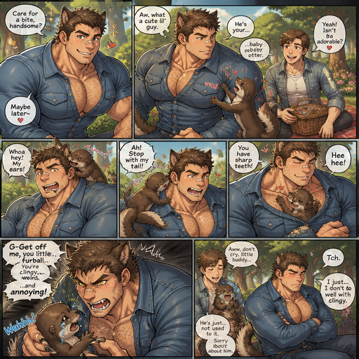 An Anime comic book of a Bulky and Slim and Small Waist and Huge Biceps but Muscular and more Muscle than Fat ANIME Cute Bara Man with Peach toned skin Who looks Normal and American with a round facial Structure and Basic facial structure With Puffy and Big Pecs that are visible through the buttoned but the ones in the bottom art and show his abs and the ones on the top show his pecs so the ones in the middle are buttoned Jean jacket and Jeans and Biceps and Bandaid on his small cute nose and is Hot and Cute. And he has anthropomorphic features like a Dog tail and Ears and Teeth and more body hair and a little bit more Hair on his head and has claws and no human ears and more hair on his head but still short and can change eyes from human to wolf when he flirts and gets excited and sometimes will act like an adorable dumb wolf, and sometime acts attractive Hot and dreamy and licks a Fang. On a Cute little picnic with him and in a Beautiful park. And don’t like his date’s Baby Pet otter cause it likes him to much and hugs him a lot and the otter started messing with his tail and Ears and Says he (the wolf) has sharp teeth. And the otter cuddles him in his jacket. And he the wolf is gross down and disturbing the otter cries from rejection form the wolf