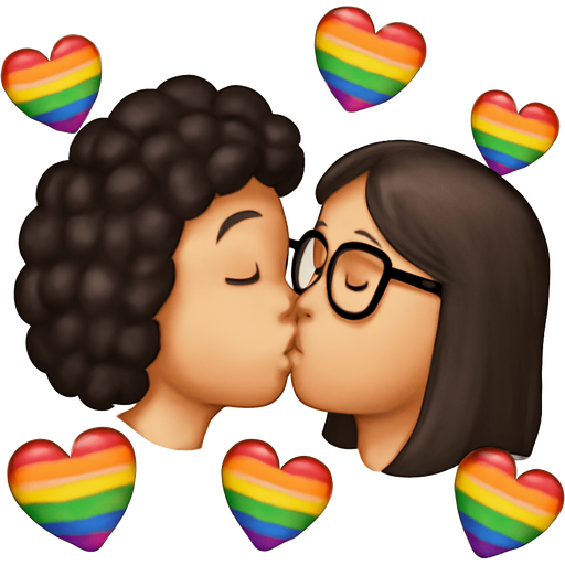 Two girl emojis kissing. One with light skin and dark curly hair and one with medium length straight dark hair and glasses. Rainbow Hearts around the girls