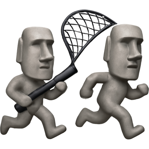 official Apple Moai stone grey statue emoji running, while holding a net gun, and using it to capture another Moai stone statue running away