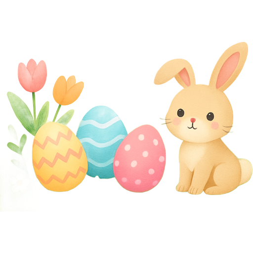 Easter landscape with colorful eggs, cute bunny, spring flowers, pastel aesthetic, and the text ‘Happy Easter’ written красиво in the sky