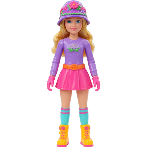 action figure girl with pink and purple florist hat blonde hair purple long sleeved shirt orange belt pink skirt long cyan and pink socks yellow boots pink gloves