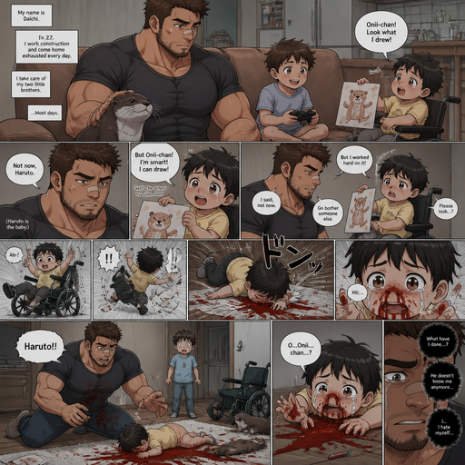 A DETAILED AND LIFELIKE LONG Anime Comic Book story view of a Bulky but Muscular ANIME Cute Bara Man With Peach toned skin Who looks Normal aind round facial Structure and Basic facial structure With Puffy and Big Pecs that are visible through the shirt and Biceps and Bandaid on his nose and Brown short hair that makes them look tough and A Bear on his Chin and Jaw. Wearing normal With his pet Grown and healthy realistic otter and 2 little brothers that are in different ages but young. and the baby‘s Hadicaped and he(the guy) did not like the baby and the baby tries to reason with him by saying he‘s smart and can draw but still on the toddler level and one day the baby flew out of his chair And A lot red comes from his nose and stains his shirt and is all on the ground and it cried and the baby does know know who he is anymore he’s changed