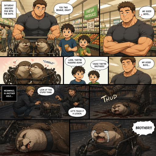 A DETAILED AND LIFELIKE ANIME Comic Book story view of a Bulky but Muscular ANIME Cute Bara Man With Peach toned skin Who looks Normal aind round facial Structure and Basic facial structure With Puffy and Big Pecs that are visible through the shirt and Biceps and Bandaid on his nose and Brown Short and Strait hair. Wearing normal With his pet Grown and long and Owns HEALTHY, CUTE AND REALISTIC OTTERS in Dog Wheel Chairs and 2 little brothers that are in different ages but young. At the grocers store, And their otters cuddle. One of the otter getting shakedown by humans. it was in another aisle, so nobody was there. And it ends up laying on the floor and when his twin rolled up to him and saw he cried