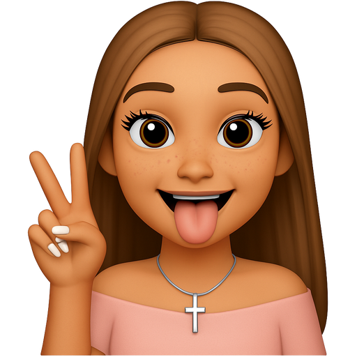 A 13 year old girl with long light brown hair and tan doing one peace sign with tung out to the side light pink off the shoulder shirt big eyes long eyelashes French tip nails and a silver cross necklace with a little bit of freckles on the cheeks a nose