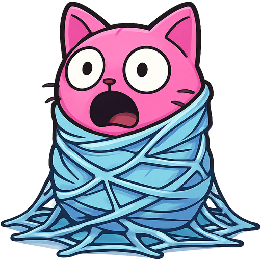 #B8FFFF cocooned wrapped up pink cat shocked with an excitement cocooned covered with thick coat of #B8FFFF webbing on the ground emoji, artistic style