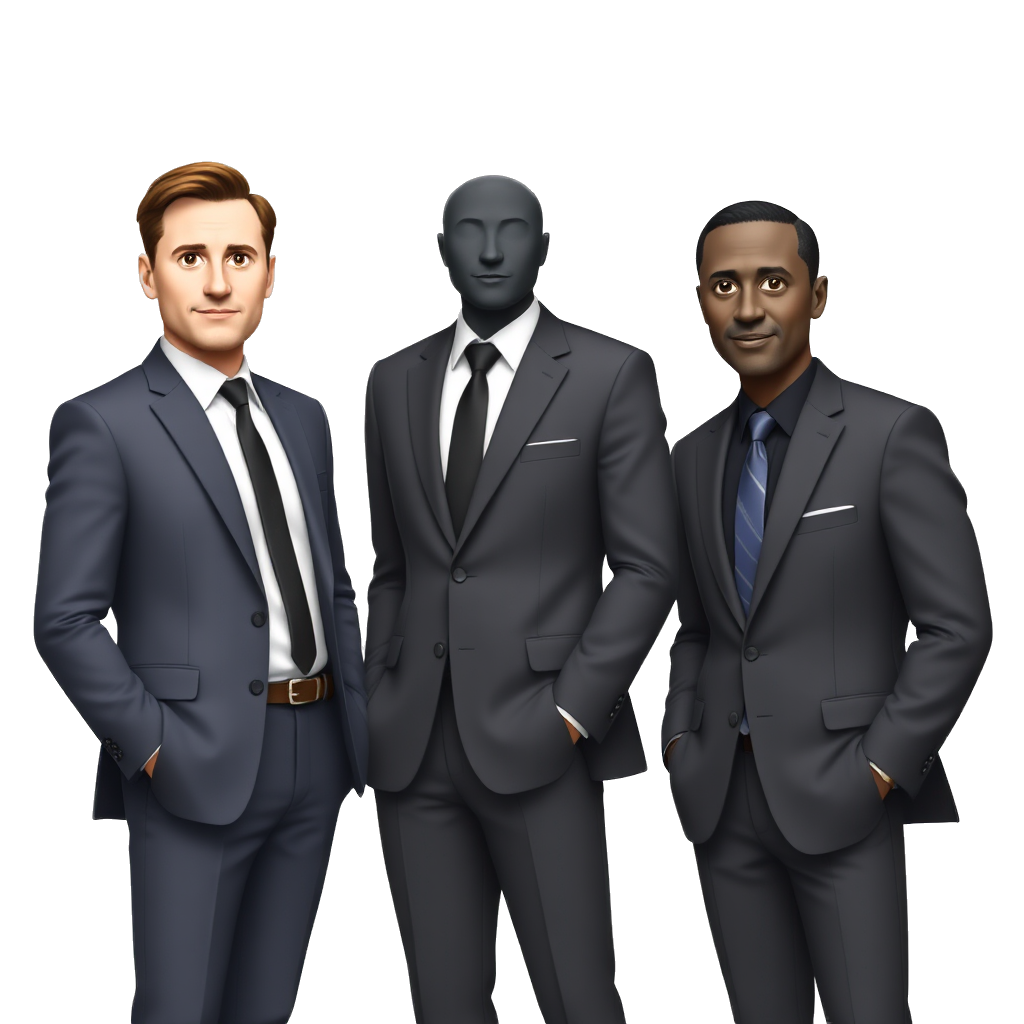 three men standing together wearing suits one of them has brown hair and another one has black hair and anther one is black