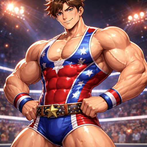 Buff American Wrestler in spandex Player Gigantic and Muscular and Cute Guy With Brunette Eyes and Hair and in a Tight Jersey