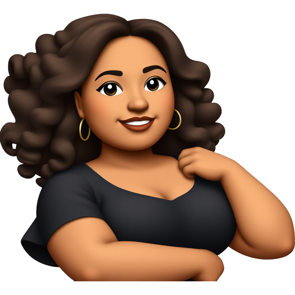 "Curvy woman with tanned skin, wavy brown hair, in a black T-shirt, iPhone emoji aesthetic, soft pastel background."