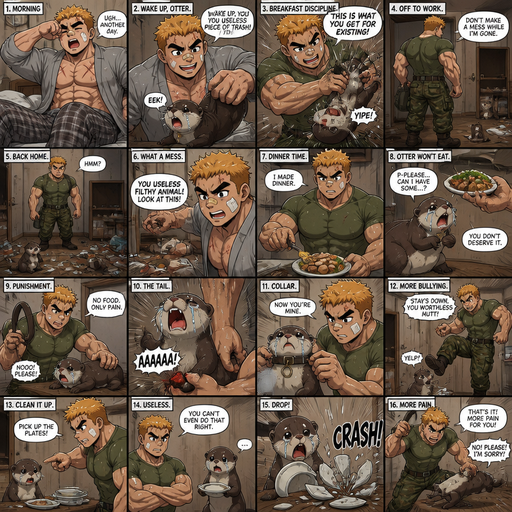 A ANIME Comic book story about of a Bulky ANIME Cute Bara Man American 20 year old with a ROUND and BASIC facial structure and Young Adult BARA CUTE that is Peach Toned skin not anything else MALE not to detailed With bigger than average Pecs that are visible through the shirt and Biceps and a big Bandaid on his nose and Left Cheek and Right Eye brow with Scars all over his Chest and arms. Wearing a Tight Military Green Top that is tight around the waist and Baggy Camo Cargo pants drenched in sweat and Short and yellowish orange Hair and Bright Gold Fluffy Hair and Strait with brown eyes and black eyebrows with a Three finger Slash on his Eyebrow. With no Facial Hair. Waking up in the morning in pajamas and his pet otter but Excessively bully’s it. And when he comes back from work he sees the otter right we’re he left him with trash around him and made a mess. He makes dinner and the Otter doesn’t even eat dinner and cries and asks for some and the looses a tail. And the otter Receives Discipline that and no longer has a tail. And then he excessively bullies him. And connected his collar and Bullied. He starts to pick up plates but drops them