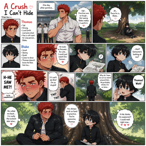 A Page Long Comic book story of a ANIME Cute Bara Man has Bandaid on his nose. Wearing a Button Up Uniform and Pants with Scarlet Red hair and named Thomas with a Huge Crush on Blake. With Blake a Skinny and small Kid. One day After Practice found Blake under a tree drawing. And Blake Found Thomas Staring at him. And then Thomas Blushed Hard and Walked away to hide his face. And then Blake calls him back and then he sits down with Blake blushing the entire time