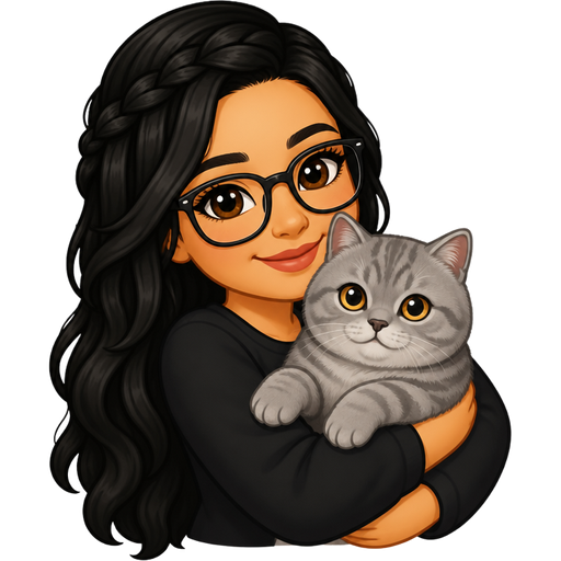 light tan woman with black hair waterfall braid and glasses holding a grey tabby British Shorthair cat in her arms