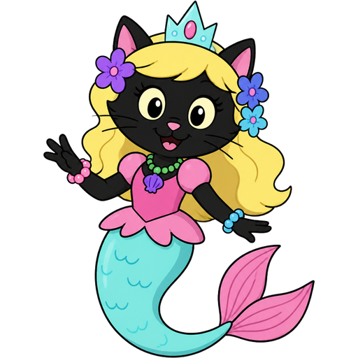 black cat with light yellow hair purple and blue flowers light cyan crown purple and green necklace pink and blue bracelets pink dress attached to long light cyan mermaid tail with pink fins based on princess mindy spongebob squarepants movie