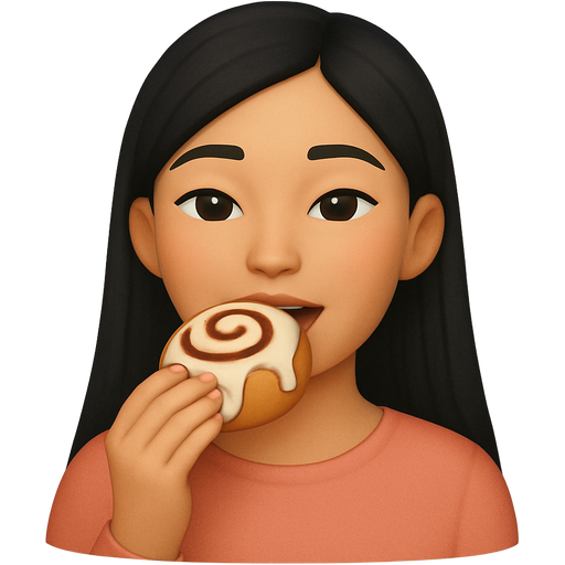 Hazme un emoji tipo whatssap de una chica de pelo largo lizo negro comiendo un cinamon o rol de canela