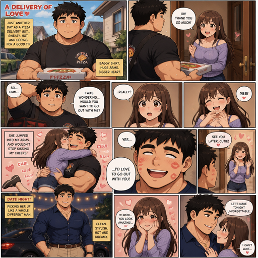 A Full page Anime Comic book story about of a Bulky and less shredded or muscular ANIME CUTE Bara American 20 year old with a ROUND and BASIC facial structure and Young Adult BARA that is Peach Toned skin not anything else MALE not to detailed With bigger than average Pecs that are visible through the shirt and Chunky, beefy and Bulky Biceps and biceps. Wearing a BaggylPizza Delivery and drenched in sweat and Short and Black fluffy hair and Strait with brown eyes and black eyebrows and with a slim waist not broad shoulders. With no Facial Hair. As Pizza delivery guy with HUGE Arms delivery to his crush and she says thank you and he says want to go out she says yes and jumps in his arms and he says yes. And she kisses him repeatedly on the cheek and leaves marks. And when he picks her up for the date he Wears a Hot and Dreamy nice clothes that makes her Blush