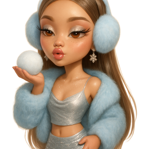 luxury glossy bratz-doll romantic aesthetic, warm cinematic glow, crisp clean detail, glossy glam skin. brown eyed Petite girl, fair skin with soft freckles, long wide face with tall forehead, honey-golden almond wide-set upturned eyes, fluttery lashes, shimmer highlight, plush lips, bottom heavy lip, sweet Belle-princess vibe, long straight brunette hair with visible light blonde highlights, softly defined feminine body, soft hourglass shape with full round bust, blowing a snowball in hand, light icy greyish blue fur cropped coat, matching ear muffs, metallic draped-neck silver cropped cami, low-rise silver sequin micro-skirt, translucent heels, snowflake earrings, glitter on collarbone, icy pink gloss, silver eyelids, white inner eye highlight, hair sleek completely draped in front over fur coat. Cozy romantic glow, soft warm lighting, pop-princess energy