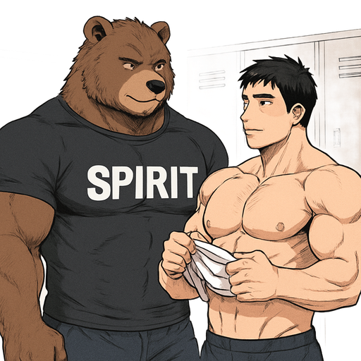 A Full BODY and FACE of a Muscular and Buff and a Gigantically Muscular with Chunky Gigantic Pecs AND biceps and a BIGGER head with the Perfect Waist. VERY Masculine and handsome ANIME Bara Furry Grizzly Bear with a VERY Good-looking and Mature Face and brown eyes with a wrestler type body. Wearing a Spirit Shirt. with his buff human Crush looking at him. Taking off his Shirt. In the locker room