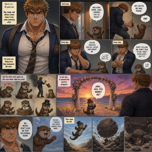 A Lifelike and Detailed Comic book story about of a Bulky and Beefy and every Muscle is bigger than average and less shredded or muscular with Chunky and Bulky chest and Biceps and his defined abs ANIME Cute Bara Man American 20 year old with a ROUND and BASIC facial structure and Young Adult BARA CUTE that is Peach Toned skin not anything else MALE not to detailed With bigger than average Pecs that are visible through the shirt and Biceps but slim and Athletic Lower body that makes have a V-Tapper Lower Body and a big Bandaid on his nose and Left Cheek and Right Eye brow with Scars all over his Chest and arms. Wearing a no piercings Wearing a baggy School Uniform and tie with Blazar and Pants and yellowish Brown Hair and Bright Light Brown fluffy Hair and Strait with brown eyes and black eyebrows with a Three finger Slash on his Eyebrow. With no Facial Hair. Coming home from School with his Pet Otter that has a Collar and has a Huge Crush on him but he doesn’t like the otter back, at his house waiting at the door and excessively Bullies it all day. And he the otter always gets disciples. And the otter one day dressed up really nice and with a top hat on creates a huge ceremony at the beach to marry him and he says no and the otter is throw at rock and a bolder falls
