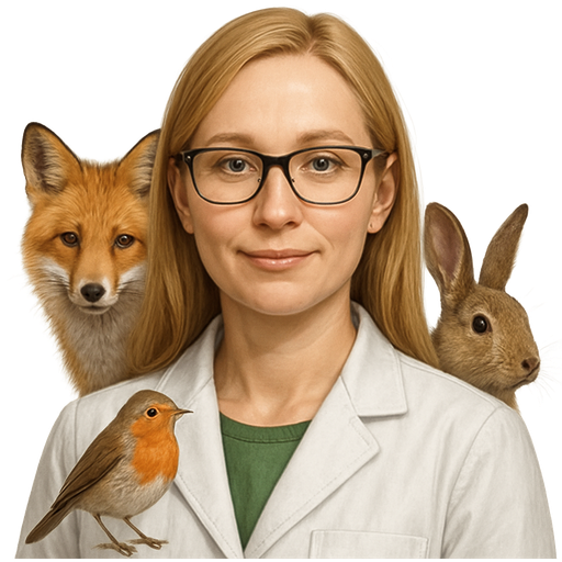 Woman scientist ecologist. Blond hair, glasses, white robe, kind. Animals near. Realistic, high quality