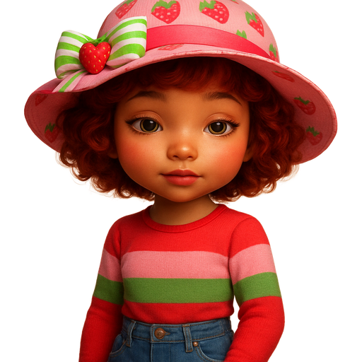 Strawberry Shortcake with gleaming Skin With a Radiant Glow a Petite Waist with a Medium Buff Skin Tone Upturned Eyes Wispy Eyelashes Soft Arched Eyelashes wearing a Pink Sunhat with Strawberries all over it with a Ribbon and a Strawberry Connected to a Pink, White and Green Bow also wearing a Red, Pink, Green and White Long Sleeve Shirt with Baggy Blue Jeans and Brown Strapped Close Toed Shoes with Copper Red Short Curly Hair and Green Eyes with Downward Turned Lips and a Orange Blush with a Soft Sunset Effect on the Eyelids with Beach House Shaded Lipstick