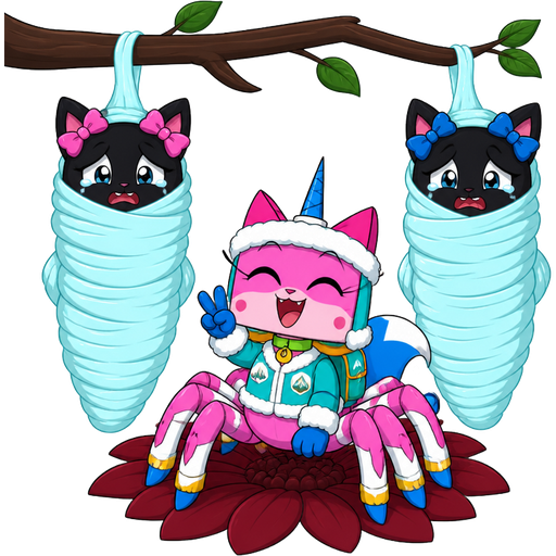 ( happy tree friends style version) wrapped up and mummified fully covered in a #B8FFFF spider slik cocoon shaped like anthro black cat female anthro two pink hair bows whimpering teary eyes with arms behind back with #B8FFFF spider slik wrappings completely covered with thick layers non-transparent #B8FFFF spider slik wrappings hanged to the branch on the left side next to wrapped up and mummified fully covered in a #B8FFFF spider slik cocoon shaped like anthro black cat female anthro with 2 blue hair bows whimpering teary eyes arms behind back with #B8FFFF spider slik wrappings completely covered with thick layers non-transparent #B8FFFF spider slik wrappings hanged to the branch on the the right side next to happy pink cat anthro furry boy drider with blue and white tail white wrists blue hands white ankles yellow socks green collar blue unicorn horn based on unikitty wearing everest's hat and everest's clothing with everest's backpack doing victory sign sitting on a dark red flower