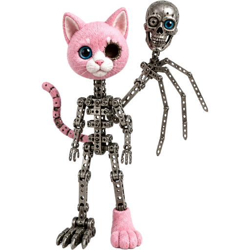 toy pink cat head one of the blue eyes are missing on left toy pink cat paws skeleton like body made of Erector Set pieces toy pink cat tail with robotic skull head with blue doll eye on left eye socket 3 spider like legs made of Erector Set pieces 2 endoskeleton feet 1 toy pink cat foot