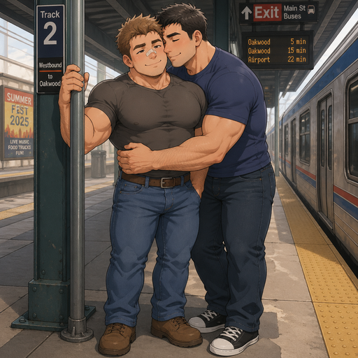 A Full Body view of a Chunky Small but Muscular and more Muscle than Fat ANIME Cute Bara Man Who looks Normal and American with a round facial Structure and Basic facial structure With PUFFY and BIG Pecs that are visible through the shirt and Biceps with a cut on his nose. Wearing a Shirt and Jeans. On a train station holding a pole with his boyfriend, hugging him.