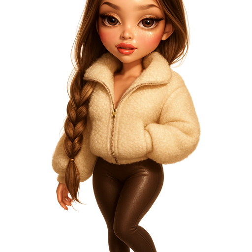 luxury glossy bratz-doll romantic aesthetic, warm cinematic glow, crisp clean detail, glossy glam skin. brown eyed Petite girl, fair skin with soft freckles, long wide face with tall forehead, honey-golden almond wide-set upturned eyes, fluttery lashes, shimmer highlight, plush lips, bottom heavy lip, sweet Belle-princess vibe, long straight brunette hair with visible light blonde highlights, softly defined feminine body, soft hourglass shape with full round bust, oversized long cream sherpa zipped jacket, dark brown high-waist soft leggings, black ankle platform heels with pointed toes, warm honey gloss, hair in soft side-parted fishtail braid over shoulder with tendrils framing face, almond shimmer eyeshadow and subtle coral blush. Cozy romantic glow, soft warm lighting, pop-princess energy, shimmer highlight, sparkly glow