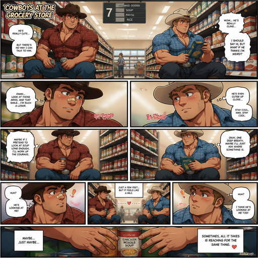 A Full Body anime comic book story of a Beefy and Bulky but Muscular and ANIME Cute Bara Cowboys Who looks Normal and American with a round facial Structure and Basic facial structure With Puffy and Big Pecs that are visible through the shirt and Biceps and Bandaid on his nose and slim and thin waist. Both Siting at the Grocery store with his Crush in the same isle both afraid to talk to each other