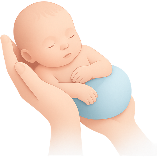 A soft, clean medical illustration for the cover of a pediatric guide. A peacefully sleeping newborn baby is gently cradled in adult hands, symbolizing protection and careful observation. Around the baby, in the background, there are a few subtle, semi‑transparent line icons representing transient newborn conditions: a small sun or droplet for jaundice, simple scales for weight loss, a tiny water droplet for fluid balance, a minimal skin icon for peeling. The style is minimalist and professional, with smooth shapes and no harsh details, avoiding anything frightening or pathological. White background with light blue accents, soft diffuse lighting, pastel white and blue color palette, high resolution, vertical A4 layout, lots of negative space for title text at the top.