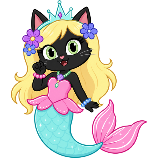 black cat with light yellow hair purple and blue flowers light cyan crown purple and green necklace pink and blue bracelets pink dress attached to long light cyan mermaid tail with pink tail fins with white highlights (star vs the forces of evil)