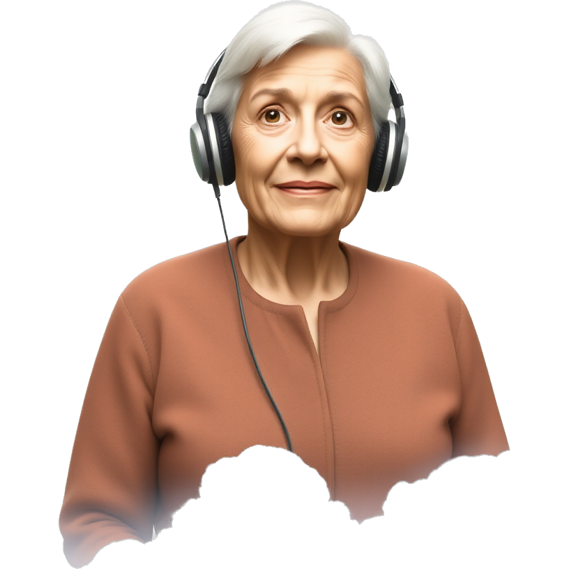 Grandma listening to sicko mode with headphones on floating to heaven with white light over her and clouds. Grandma is glowing