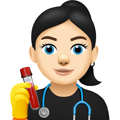 Phlebotomist with septum ring, right nostril nose ring, white skin, light blue eyes, black top ponytail, arched eyebrows