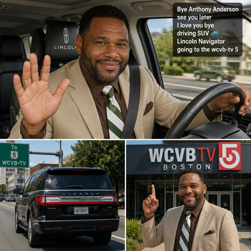 Anthony Anderson grant beige blazer brown shirt and white and black and green stripes tie bye Anthony Anderson see you later I love you bye driving suv 🚙 Lincoln Navigator going to the wcvb-tv 5