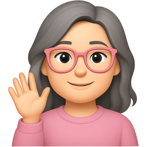 A cute emoji in Apple iOS style: aesthetic woman with grey slightly wavy shoulder-length hair, wearing fashionable pantos-shaped glasses (rounded square frames) with light pink frames, dressed with pink comfy clothes, raising her hand pastel colors, clean lines, professional emoji style, high detail for an emoji