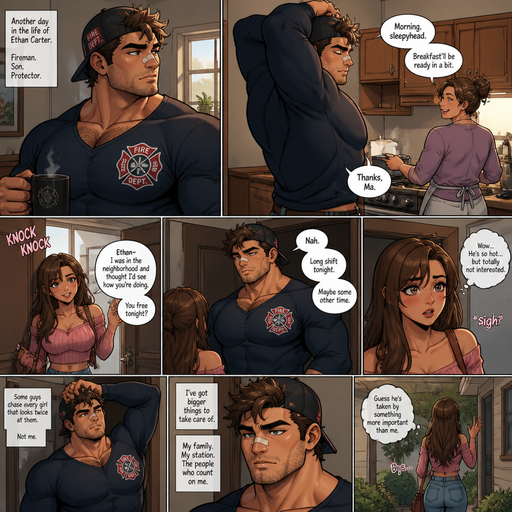 A REALISTIC AND LIFELIKE Comic long STORY of a selfless Fireman who will do anything for his girlfriend Bulky but Muscular ANIME Cute Bara Man With Peach toned skin Who looks Normal and a huge and Masculine round facial Structure and Basic facial structure With Puffy and Big Pecs that are visible through the shirt and Biceps and Bandaid on his nose and Brown Spiky hair and His Hair Curls At the tip of strands. Wearing a nice long sleeved clothing and has a Hairy MANLY body and Small STUBBLE beard. Fireman baseball hat bacwards. Walks out of the room and stretching woth his mom making dinner and cute girl comes to the door and he isn‘t interested and Is to hot for her