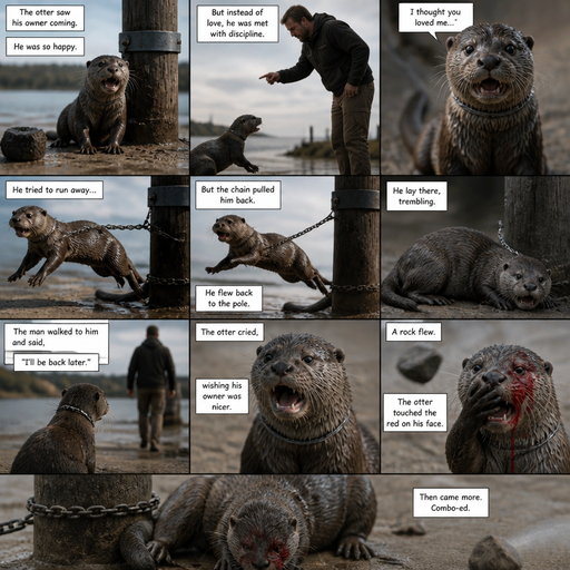 A comic book about a Otter connected to a pole and he sees a man walk toward him and he gets happy, but the man disciplines him and he gets confused and says I thought you loved me and the otter tries to run away but the otter is still connected to a pole and he flys back to the pole. And the otter lays on the pole and trembles when the owner walks to him and says I’ll be back later and the otter cries wishing he were nicer. And a rock flys, and then the otter touches red on his face and then combo-ed