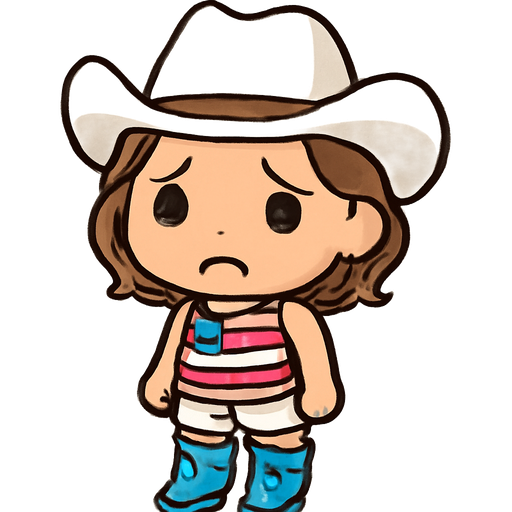 Sad cowboy with sleeveless American flag crop top that shows her belly, fancy turquoise boots, short white cutoff jean shorts, white cowboy hat, and a short length American flag crop top that shows her belly