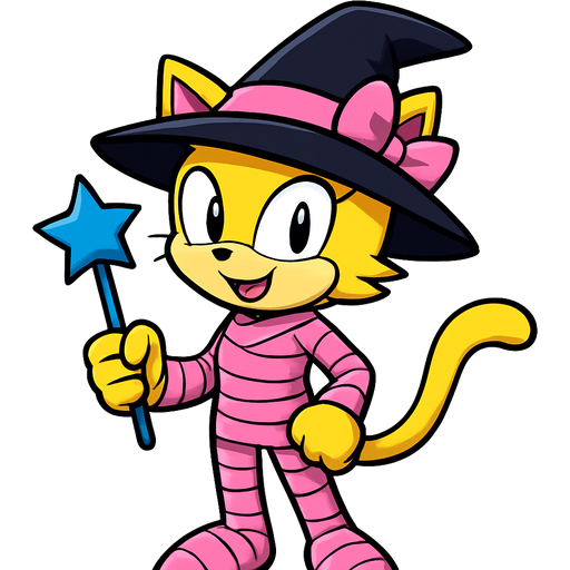 yellow cat anthro with black witch hat pink ribbon pink mummy costume holding a blue wand sonic x style