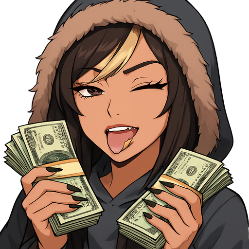 30 year-old baddie was full, but not too full lips, long eyelashes extra long pointy fingernails, holding multiple large bundles of CASH, super long, dark, brown hair, with blonde side swept bangs, wearing a hoodie with hood pulled up and fur around the edge of the hood, a gold tooth, closing one eye and licking the gold tooth while scrunching up one side of her mouth to show her licking the gold tooth
