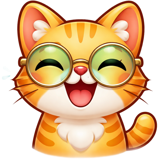 emoji-style orange tabby cat with stripes, wearing round glasses, centered, simple clean background, soft lighting, cute minimal design, expressive face showing смеется, high detail, smooth lines, vibrant colors