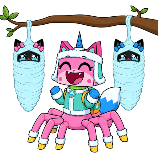 ( cartoon network style version) wrapped up and mummified fully covered in a #B8FFFF spider slik cocoon shaped like anthro black cat female anthro two pink hair bows whimpering teary eyes with arms behind back with #B8FFFF spider slik wrappings completely covered with thick layers non-transparent #B8FFFF spider slik wrappings hanged to the branch on the left side next to wrapped up and mummified fully covered in a #B8FFFF spider slik cocoon shaped like anthro black cat female anthro with 2 blue hair bows whimpering teary eyes arms behind back with #B8FFFF spider slik wrappings completely covered with thick layers non-transparent #B8FFFF spider slik wrappings hanged to the branch on the the right side next to happy pink cat anthro furry boy drider with blue and white tail white wrists blue hands white ankles yellow socks green collar blue unicorn horn based on unikitty wearing everest's hat and everest's clothing with everest's backpack