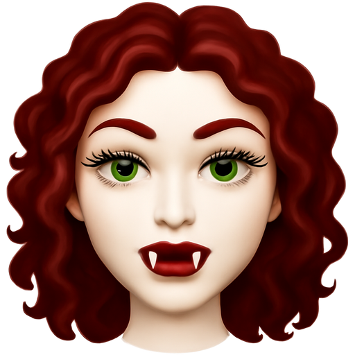 Beautiful sexy vampire girl with long eyelashes, very fair white skin, dark red curly hair with matchning eyebrows and green eyes