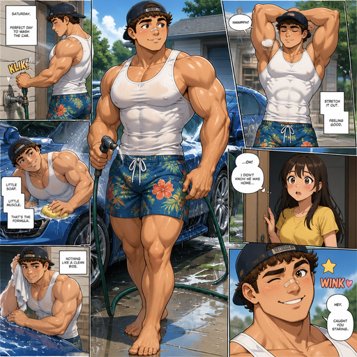 A Very Detailed and Lifelike Full Body anime comic book view of a Beefy and Bulky and Huge Beefy Pecs and Biceps and above average High schooler but Bulky and ANIME Cute Bara Big Bulky High school Hunk Who looks Normal 20 year old American with a round facial Structure and ROUND and BASIC facial structure and No Facial Hair With Puffy and Big Pecs that are visible through the shirt and Biceps and Bandaid on his nose and slim and thin waist Wearing a White Tank top that is Tight around the waist and a baseball hat and tropical shorts. Walking outside to his driveway turning on the hose and getting wet and washing his car, and stretching. And his crush walks in on him. And he winks at her